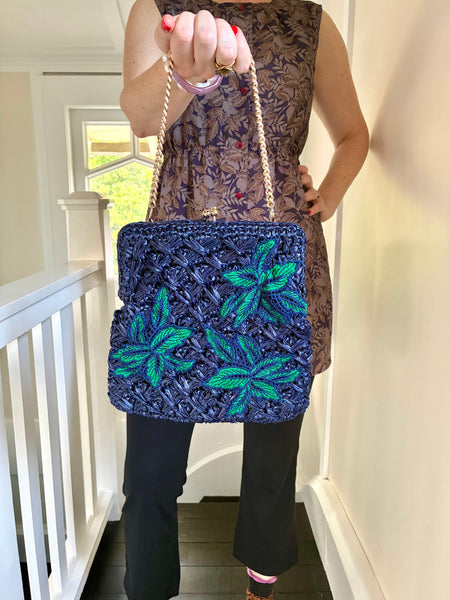 Vintage navy bag + embellished leaf motif