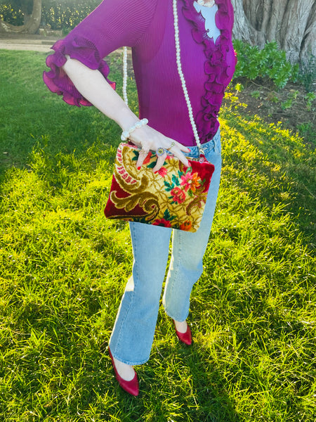 Italian velvet: floral + faux pearl strap