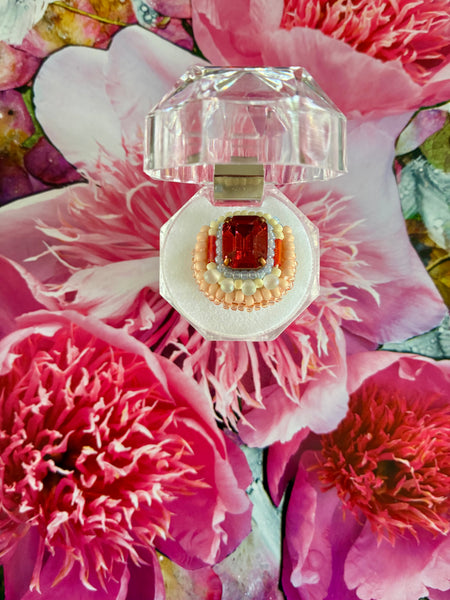 One-off hand-beaded ring: Pink and apricot