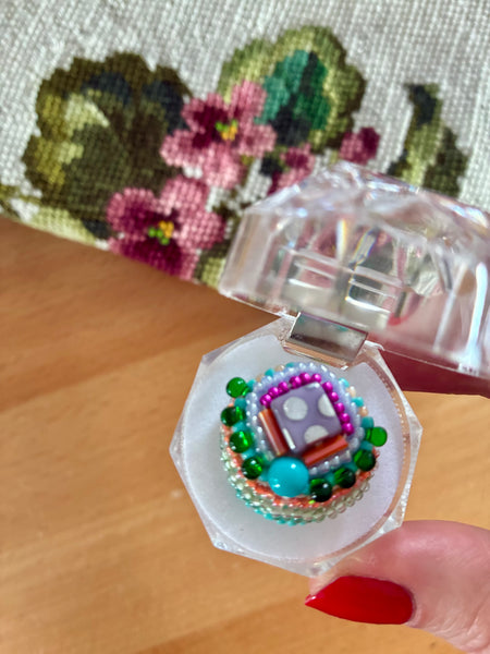 One-off hand-beaded ring: Spots & colour