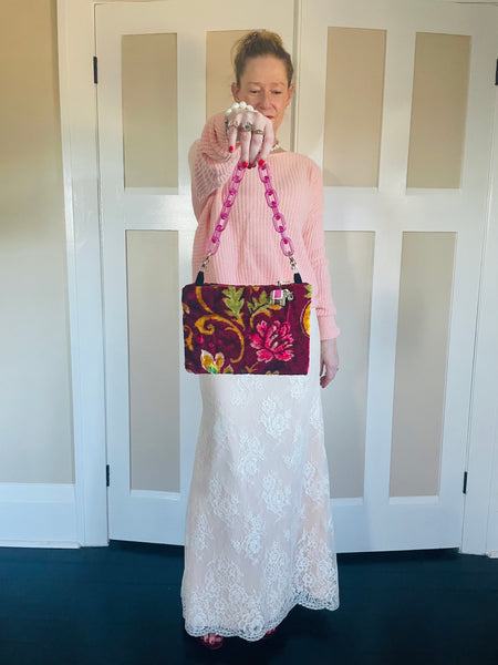 Italian velvet: burgundy floral + pink chain