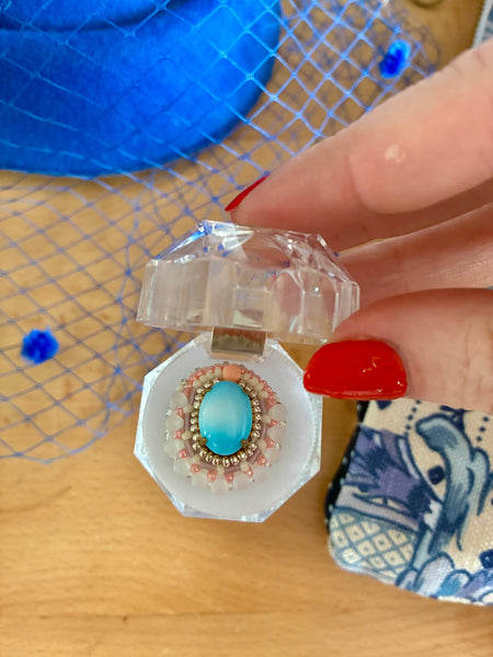 One-off hand-beaded ring: Blue, peach & violet