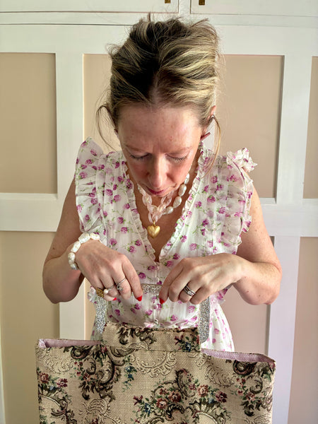 Vintage tapestry + glitter handled tote