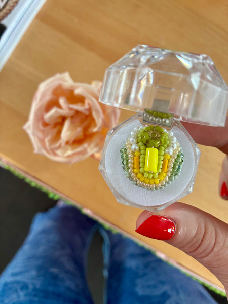 One-off hand-beaded ring: Chartreuse and yellow