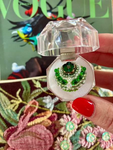 One-off hand-beaded ring: Green bloom