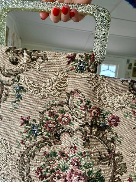 Vintage tapestry + glitter handled tote