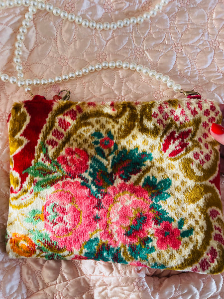 Italian velvet: floral + faux pearl strap